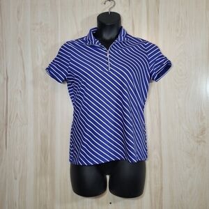 Chicos Zenergy Golf Navy Striped Top Sz Med (Chicos Size 1)